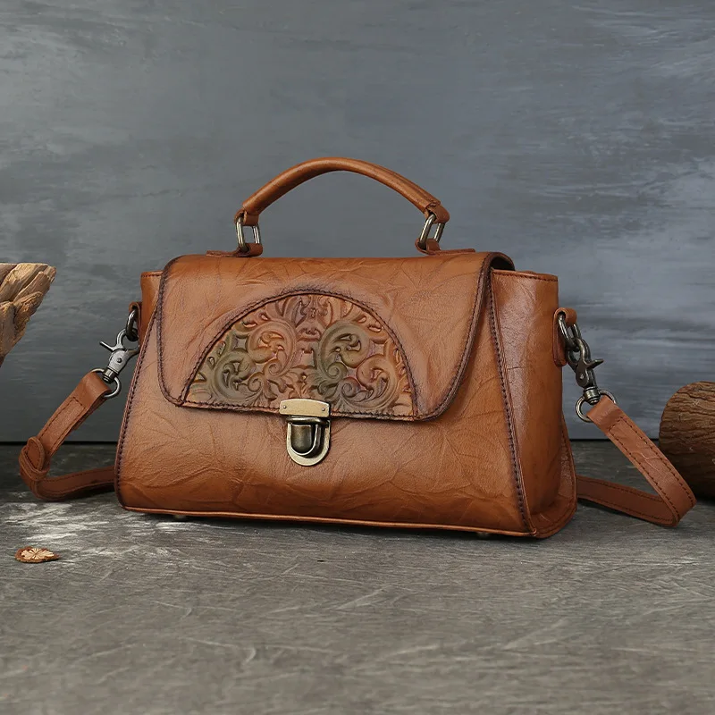 

Chinese Style Floarl Embossing Shoulder Bags Large Capacity Vintage Crossbody Bags Genius Leather Women Bags For Mother Gift