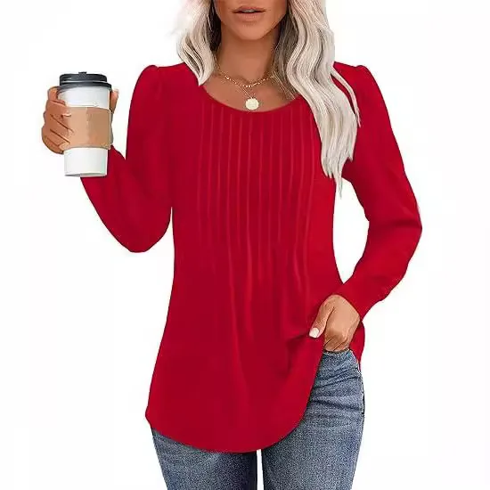 2024 Spring Autumn Women\'s Long Sleeve Tops Floral Print Pleated Low Round Neck T-shirt Female Casual Undershirt Top Women