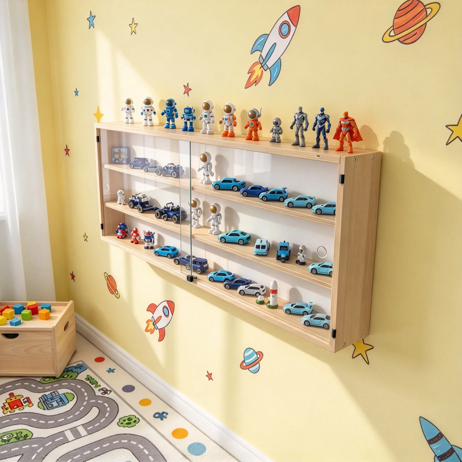 Vetrina da parete a 3 livelli in legno con porta scorrevole in acrilico, contenitore antipolvere per oggetti da collezione, ideale per figurine, modellini di auto in metallo e mini giocattoli.