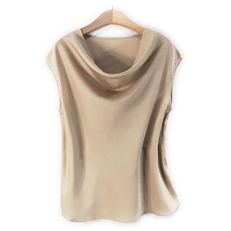 Women Silk T-shirt 93% Mulberry Silk 7% Spandex Drape Neck Black Sleeveless Vest Shirt Top TT001