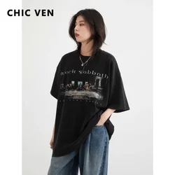 CHIC VEN Women T-Shirts Loose New Retro Round Neck Letter Printed Short Sleeved Woman Tees Female Top Spring Autumn 2024