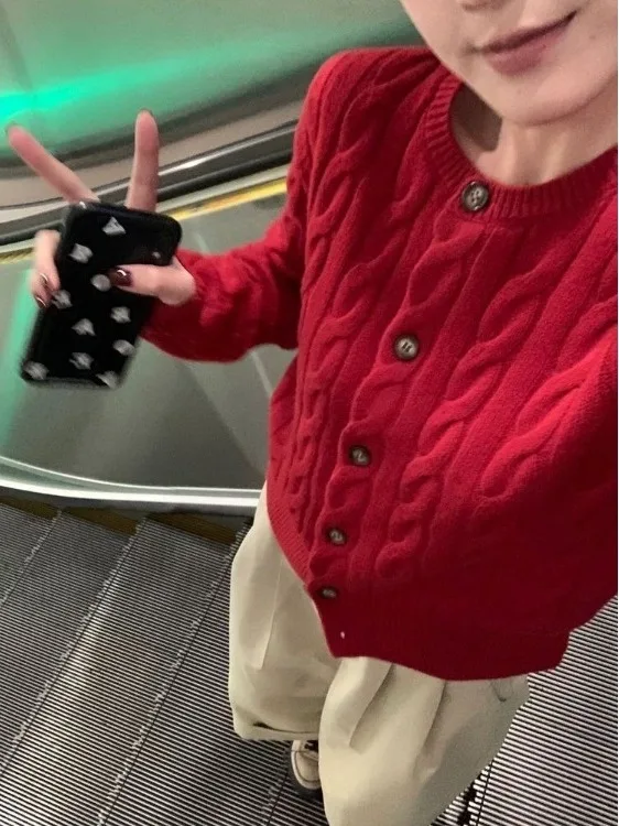 Cardigan maglione lavorato a maglia intrecciato vintage rosso Ele da donna autunno inverno gilet dimagrante top capispalla lavorato a maglia