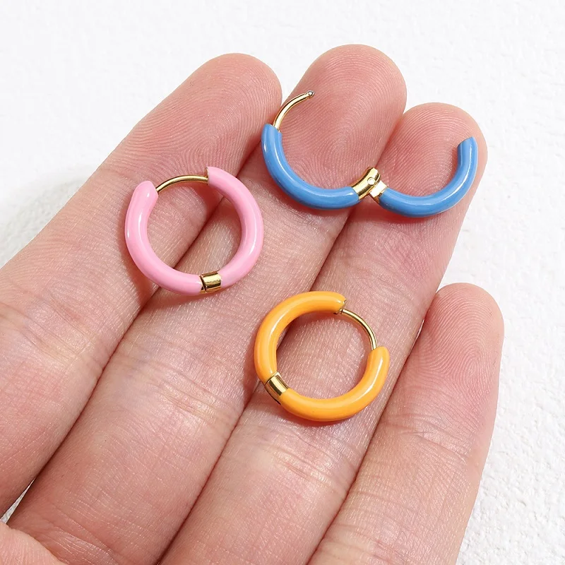 1 Pair Colorful Enamels Hoop Earrings for Women Trendy Dripping Oil Huggie Earrings Stainless Steel Jewelry