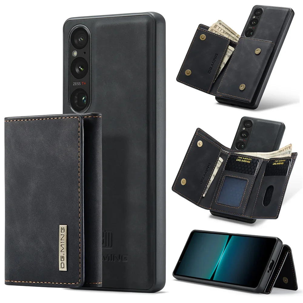 DG.Ming Wallet Case for Sony Xperia 1 V 5 V 10 V 1 VI 10 VI Retro Leather Magnetic Detachable with Trifold Wallet Holder