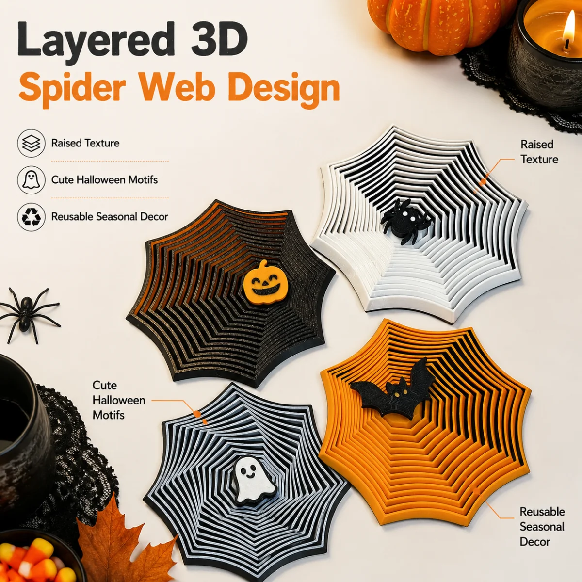 1Pc 3D Printed Eco PLA Spider Web Fidget Toy,Retractable Layered Twist Design,Spooky Halloween Bat Ghost Pumpkin Decor