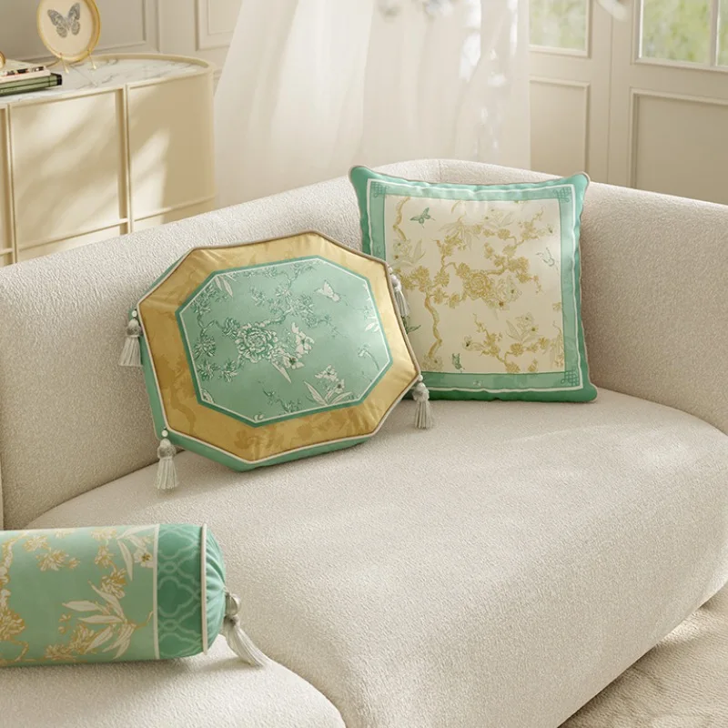 Chinese Flora Art Pillow French Style Green Cushion Case Luxury Velvet Decorative Pillow Cover For Sofa Chair Home Decorations