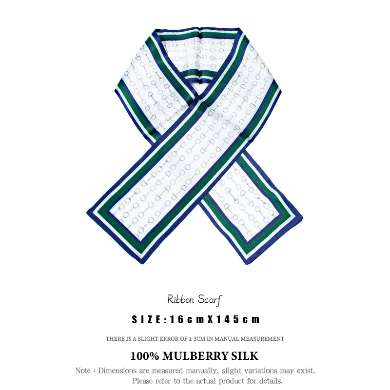 100% Natural Mulberry Silk Slim Scarf Striped Equestrian Print for Neckband Headband Handbag Decoration Daily Wear