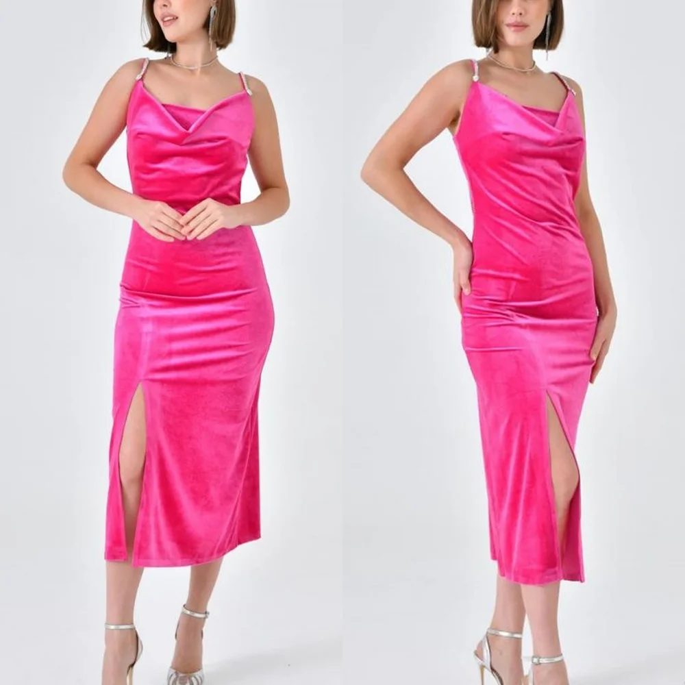 Personalizado sereia elegante rosa veludo vestido de noche moderno alças espaguete sem mangas vestidos de baile moda vestido de festa