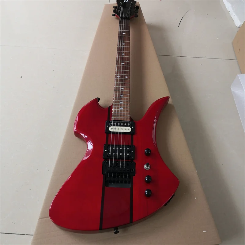 Classic Electric Guitar with Full-body Connection, Double Shake, 6 String Transparent Red Light Paint, Can be Customized