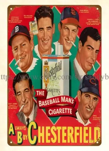 1940s BASEBALL MAN'S CIGARETTE FOUR HOF MEMBERS metal tin sign house decoration