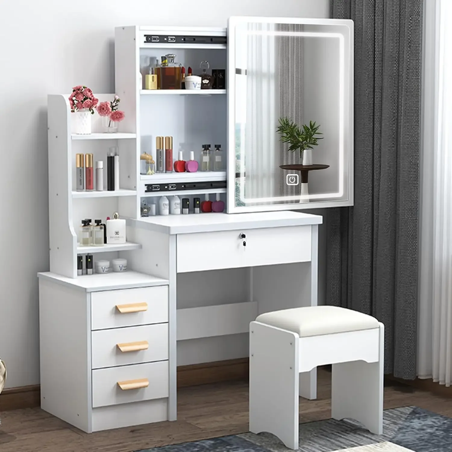 

Vanity Desk with Mirror and Lights, 3 Lighting Modes, European Style Dressing Table with Drawers, with Open Storage Shelves
