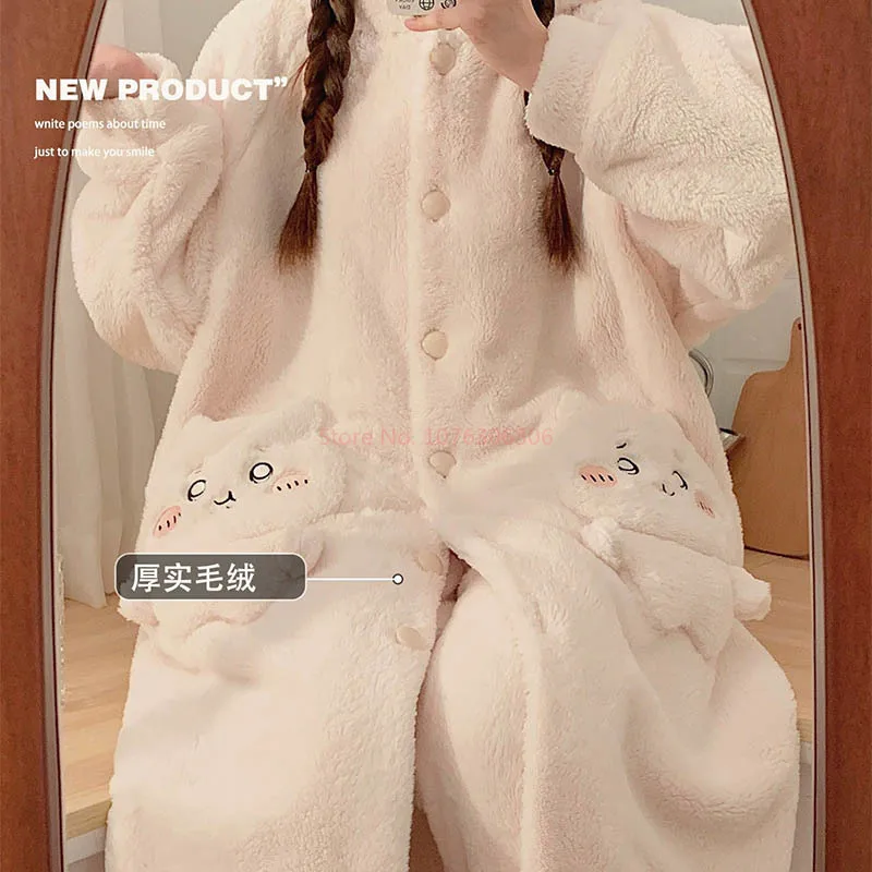 Lovely Chiikawa Cartoon Patterns Nightgown Coral Fleece Autumn And Winter Style Bathrobe Lovers Plush Sleeping Robe And Pants