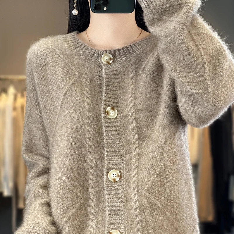 2023 Spring New Womens 100% Wool Cardigan Fashion Solid Color Female Knitted Loose Large Size Soft Knitwear Classic Autumn