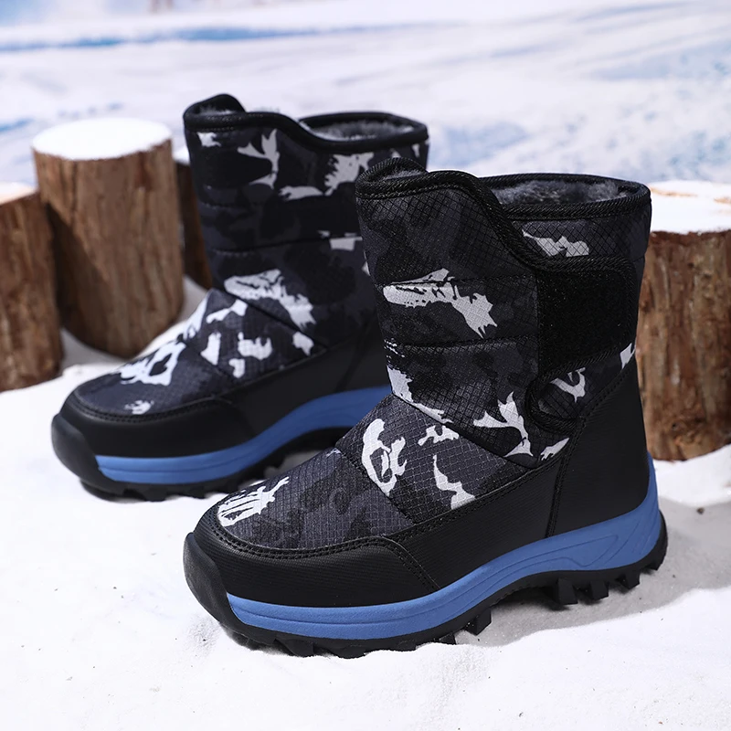 Boys Camouflage Winter Snow Boots Waterproof Upper Warm Fleece Lined Mid‑Calf Boots Magic Tape Anti‑Slip Sole Kids Outdoor Cold