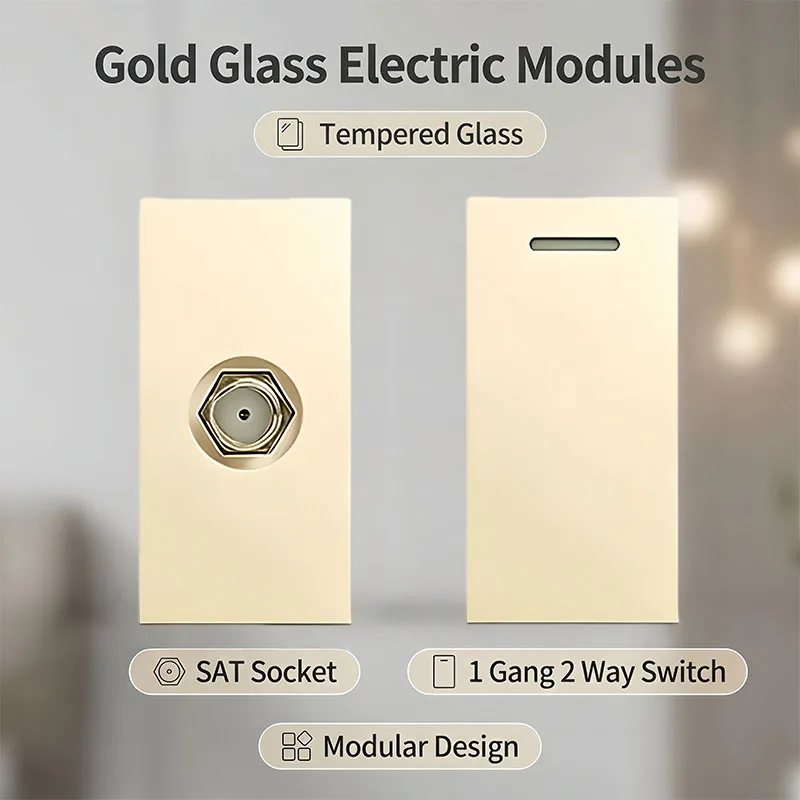 2x4 Inch Tempered Glass Golden DIY Modular Wall Plate NEMA 5-15R Duplex Outlet Interchangeable Socket Modules For EU/US/Italy