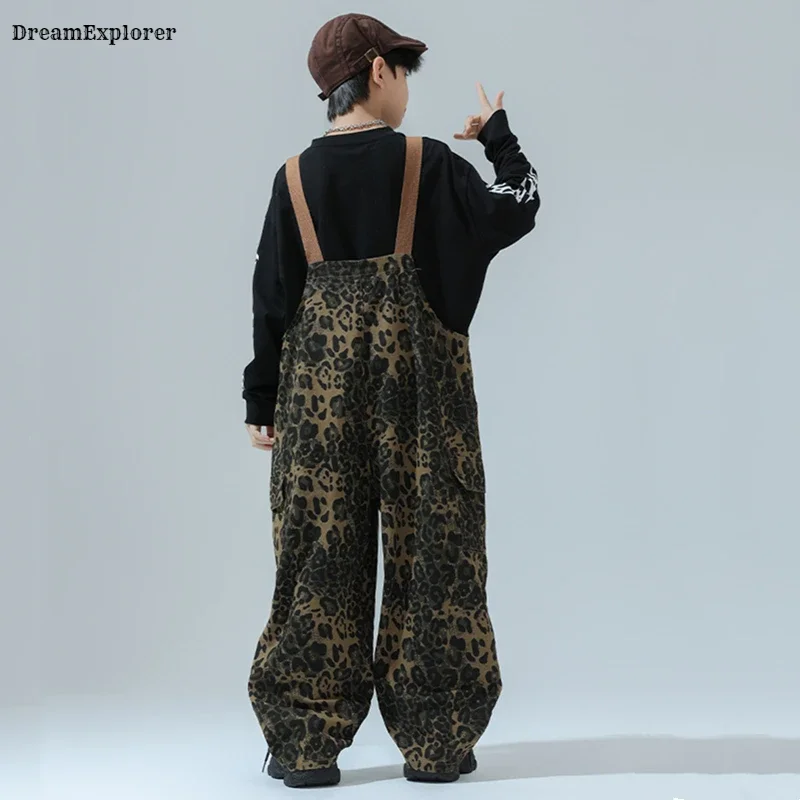 Girls Hip Hop Leopard Print Overalls Boys Baggy Pants Dungaree Trousers Kids Jumpsuit Street Dance Wear Romper Child Streetwear