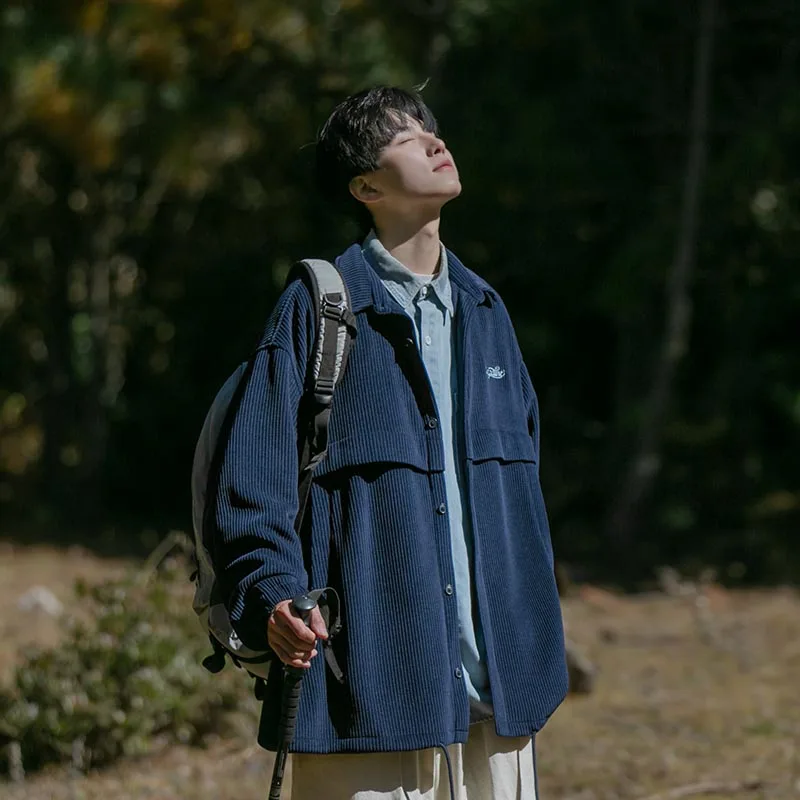 

Corduroy Long Sleeve Shirt Men's Casual Spring Autumn Japanese Retro Cityboy Jacket Loose Fit Boy's Top Button up Shirt