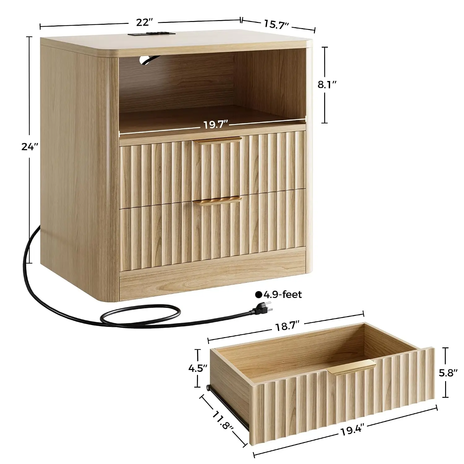 Fluted Night Stand Set of 2, Modern Nightstand with Charging Station, Drawers and Open Shelves - Bedside Table Wood, Custom - view 3