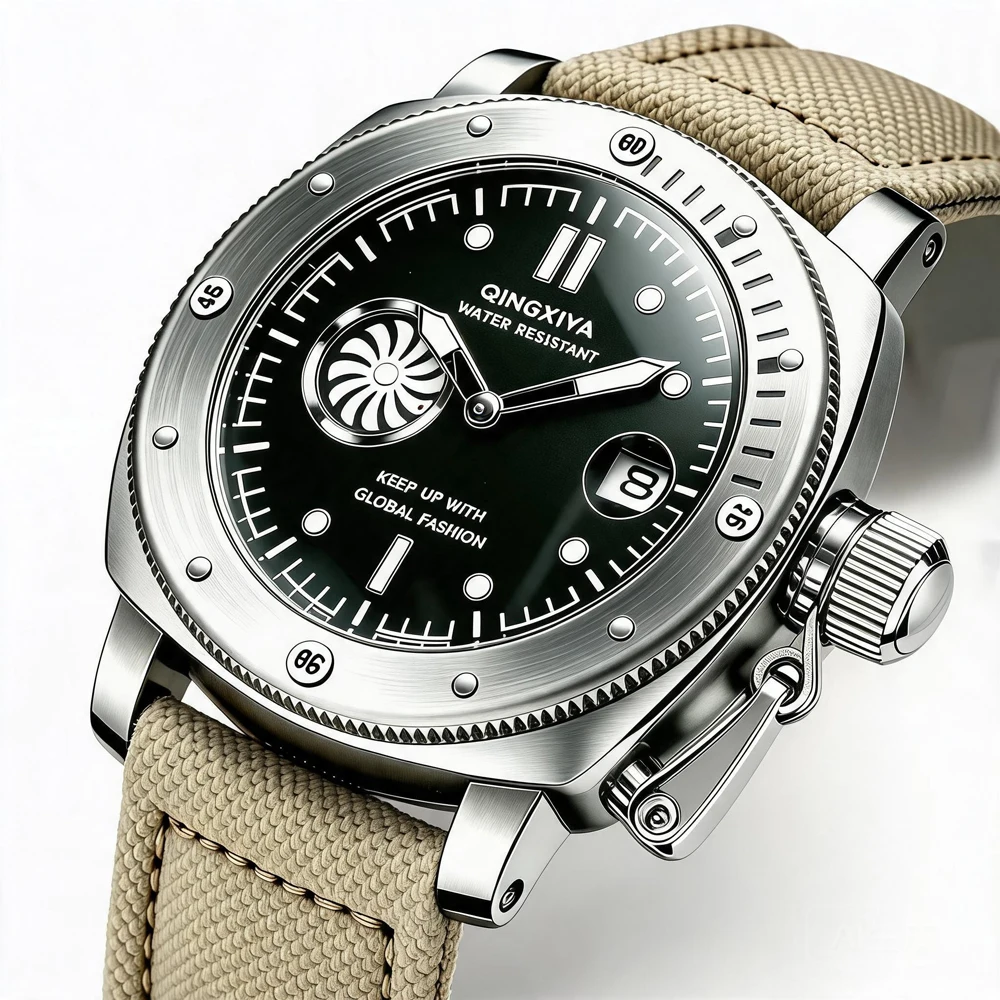 QINGXIYA Brandneue modische Quarzuhr mit zweitem Zifferblatt für Herren, hochwertiges Canvas-Armband, wasserdicht, Kalender, Sportuhren für Herren – Detail 7