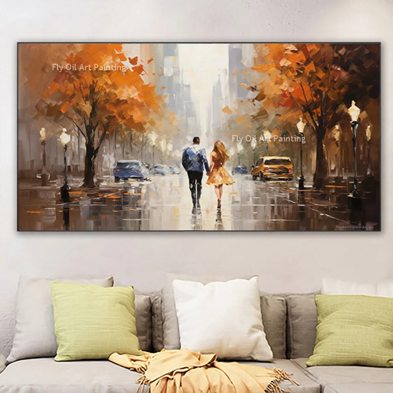 Black Grey Night Artwork Couple Walking On The Street Canvas Thick Oil Painting New Handmade Orange Tree Landscape Wall Decor
