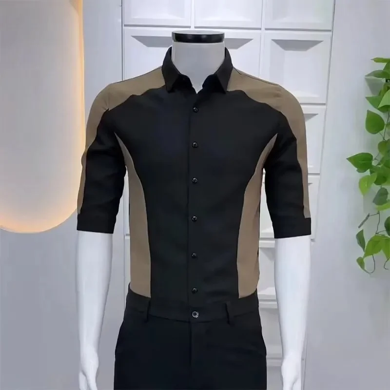 Men's Black Brown Color Block Shirt Short Sleeve Slim Fit Button Down Casual Formal Top For Daily And Party Wear