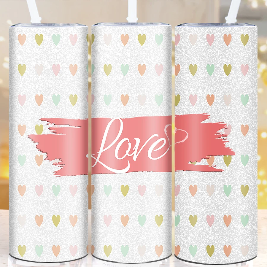 

20oz Stainless Steel Straight Party Tumblers Lid Straw 1Pc Print 3D Love Heart Festive Coffee Mugs Hot Cold Insulated Drink Mugs