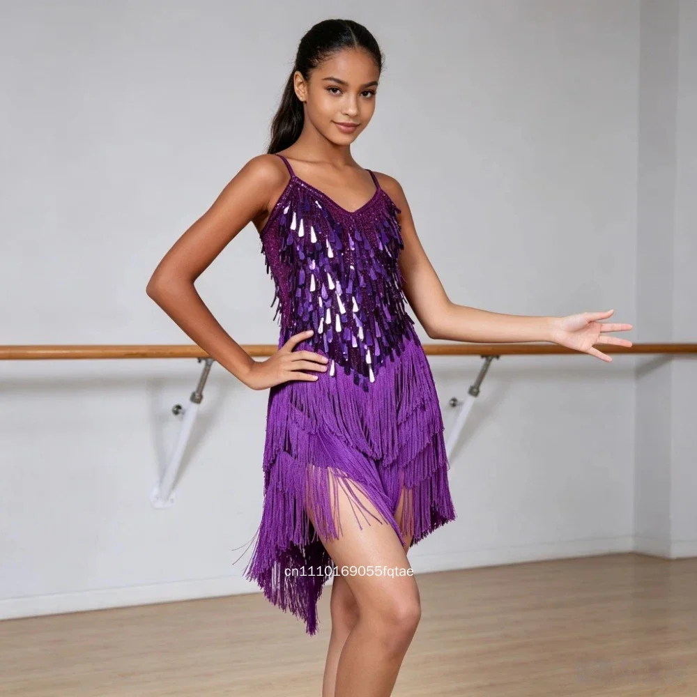 Girls Sequin Tassel Latin Dance Dress Ballet Jazz Cha Cha Salsa Tango Rumba Festival Stage Performance Dance Wear For Young Danc