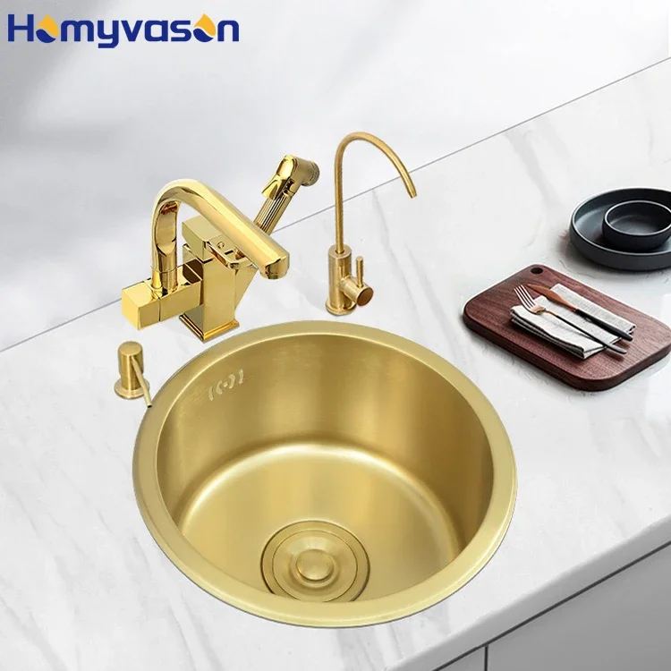 

New Design Gold Table Bar Hotel Wash Basin Bathroom Mini Small Round Stainless Steel Basin Sink Kitchen Multifunctional