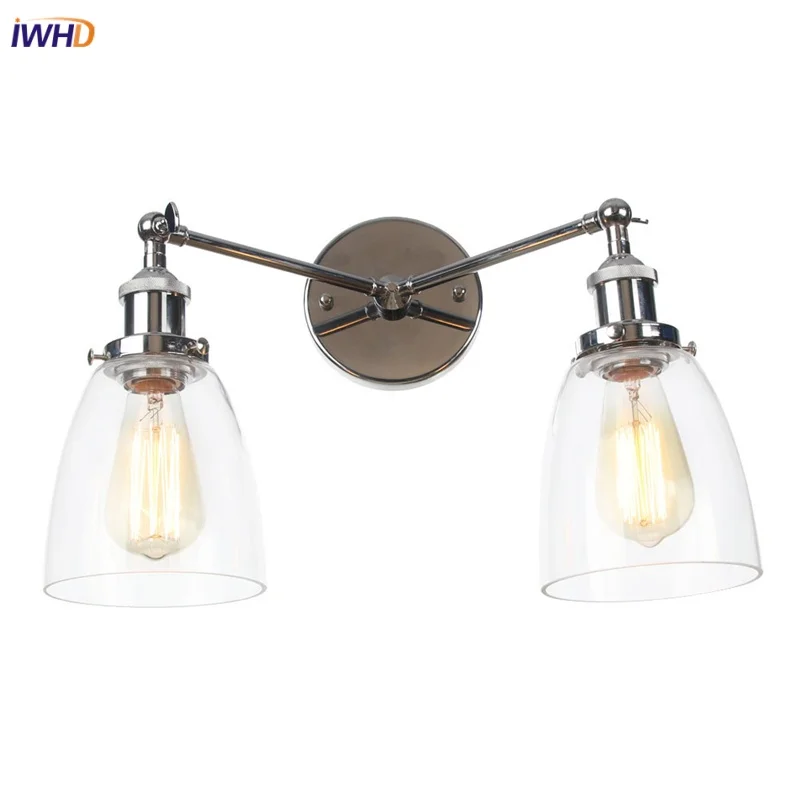 

IWHD 2 HeadS LED Wall Lamps Kitchen Forey Porch Vintage Home Decor Industrial Iron Glass Bedroom Lamp Retro Stair Light Fixtures