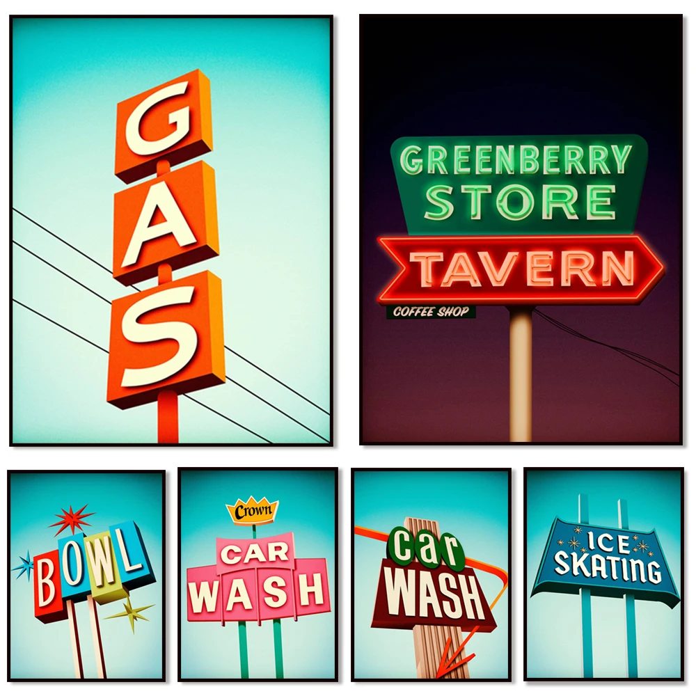 American Road Trip Vintage Signs - Bar, Car Wash, Gas Station, Bowling, Skating, American Road Series Poster, Travel Poster