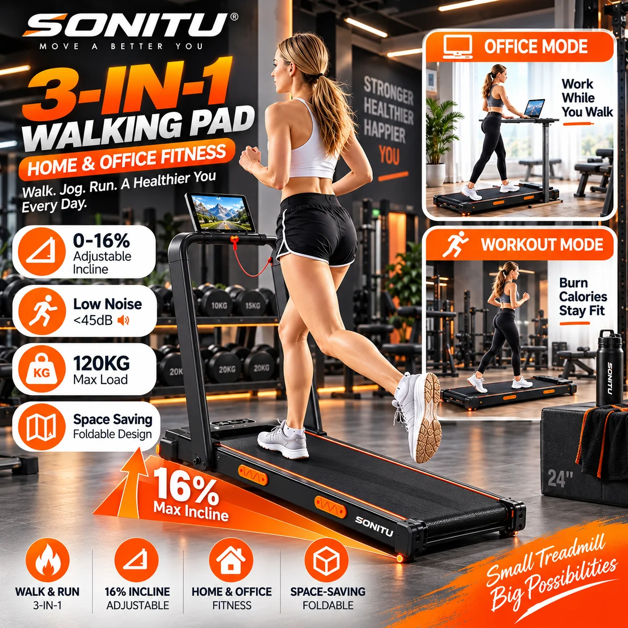 Sonitu X5F, tapis roulant pieghevole 3 in 1 con corrimano, pendenza regolabile fino al 16%, tapis roulant portatile da utilizzare sotto la scrivania, ideale per la casa e per ambienti piccoli,