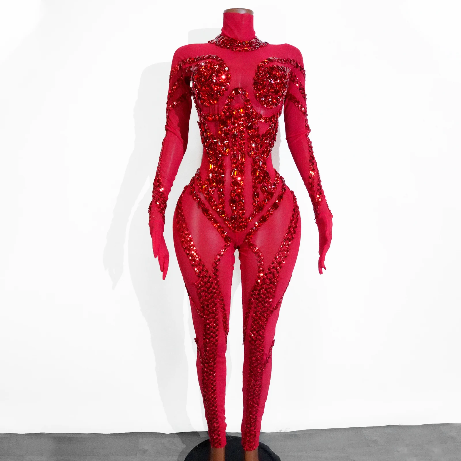 

New Red Sexy Sparkle Full Crystal Mesh Jumpsuit Woman Luxury Sequin Gogo Dance Club Dj Party Birthday Leotard Drag Queen Outfits