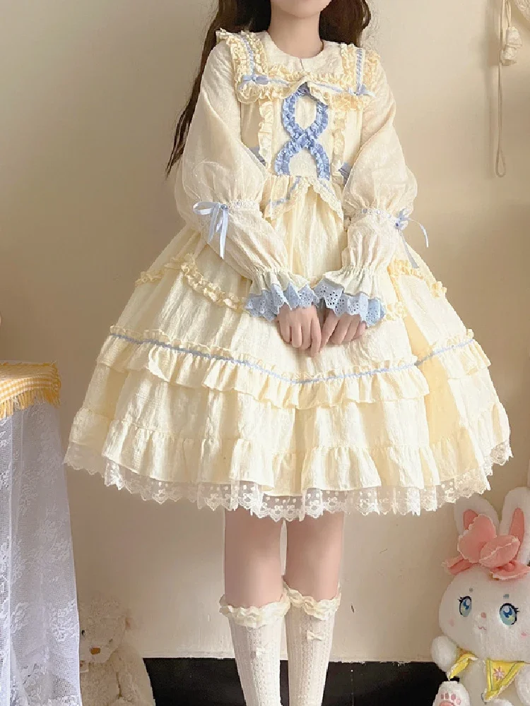 

Lolita Style Sweet Yellow Women'S Dresses Spring Summer Peter Pan Collar Long Sleeve Patchwork Palace Princess Dresses 2023 New