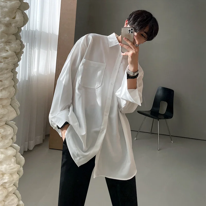 Ice Korean Silk White Shirt Men's Long Sleeves Autumn 2022 New Non Iron Loose Casual Handsome Boluse Black Whit Tops 2Y2110