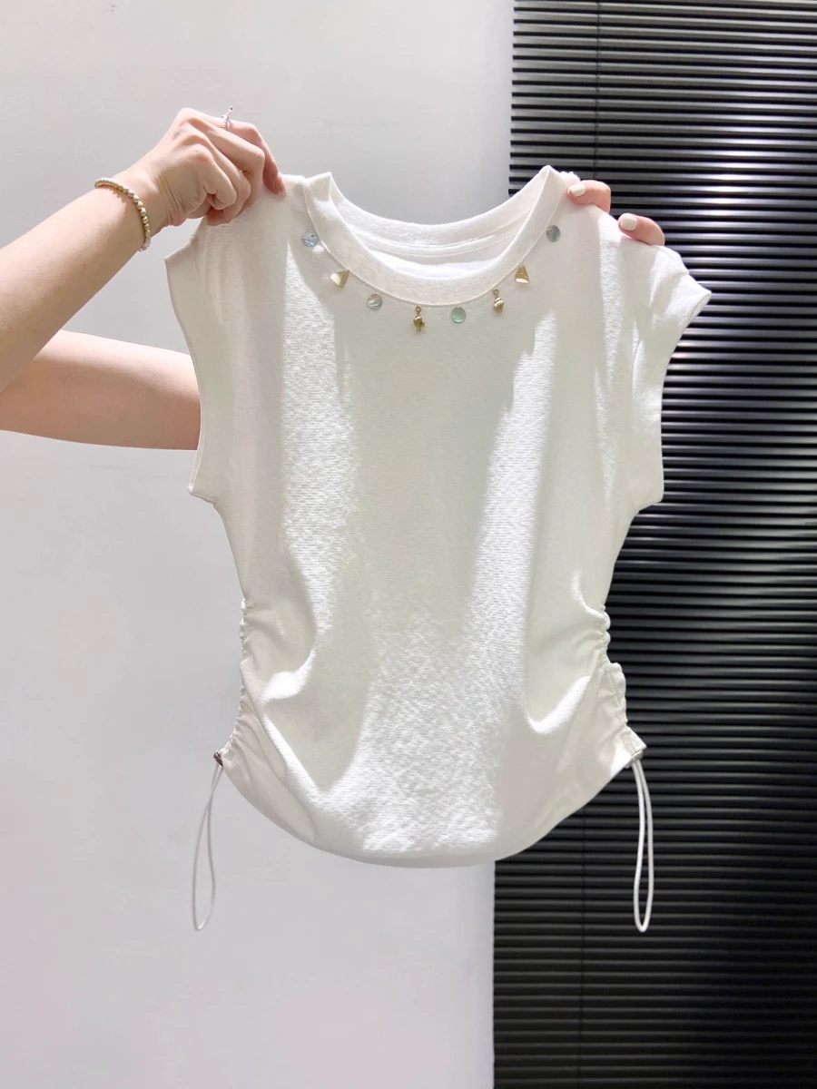

Outlet Design Beautiful Small Shirt Waist Cinched Sleeveless round Neck White T-Shirt Women's Fashionable Commute Style Slim Fit