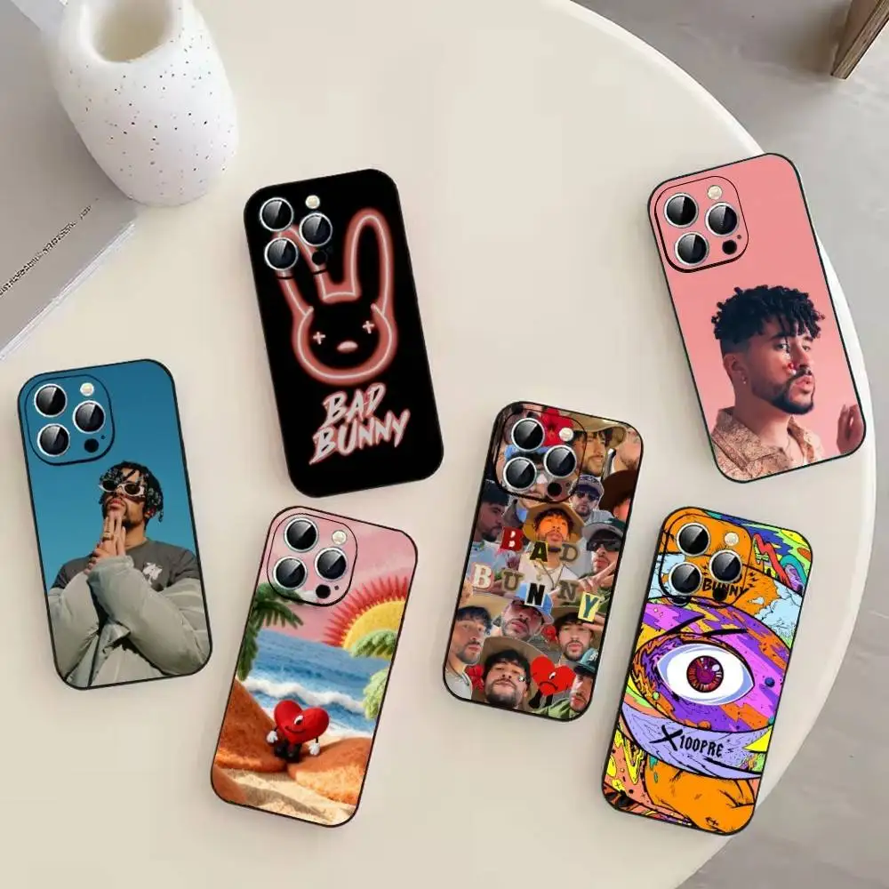 

Hot Singer B-Bad Bunny Phone Case For iPhone 17,16,15,14,13,12,11 Plus,Pro Max,XS,Soft Silicone Black Cover