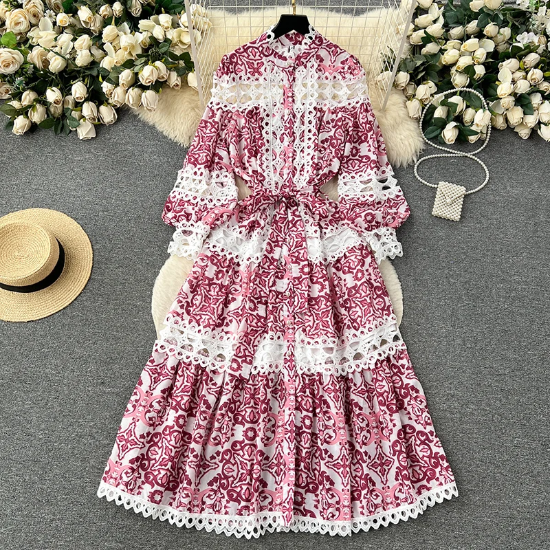 

Elegant Embroidery Palace Style Women's Party Dresses Stylish Hollow Out Long Sleeve A-Line High Waist Princess Boho Vestido