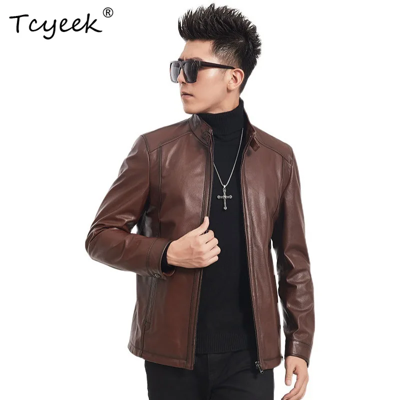 

Tcyeek Top Layer Cowskin Spring Autumn Stand Up Collar Solid Color Short Men's Genuine Leather Jacket Jaquetas Masculino 가죽자켓