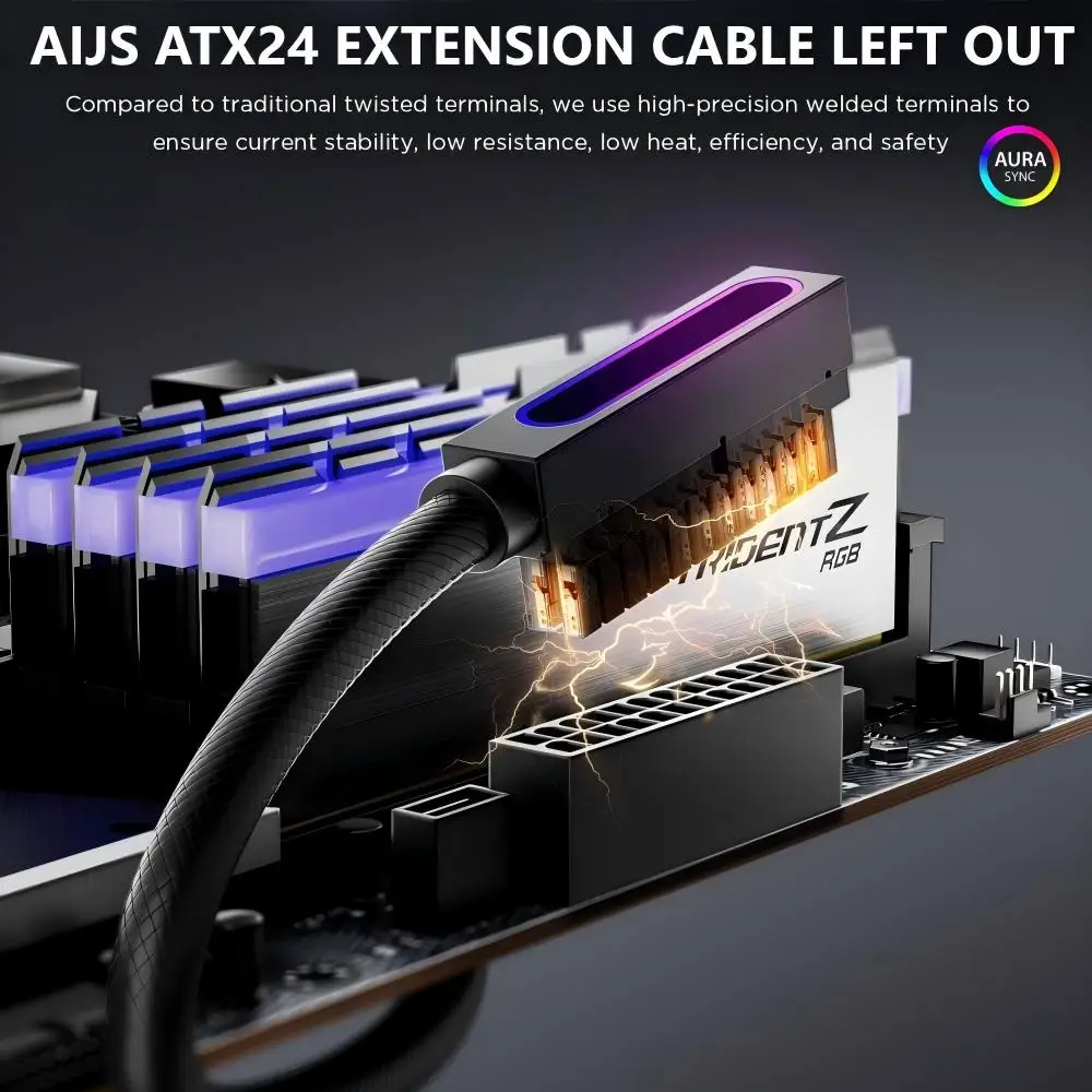

AIJS ATX24Pin Левый удлинительный кабель для материнской платы, 18AWG 90 ° Прямоугольная конструкция, кабель ARGB 5 В 3-контактный разъем «папа-мама»