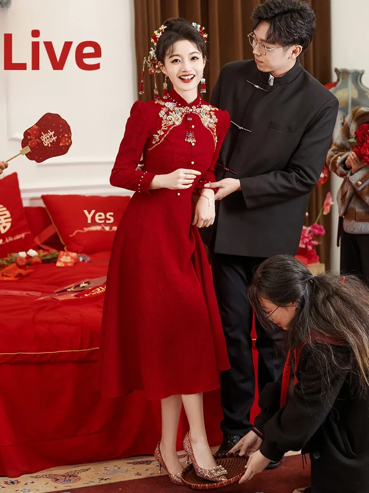 

Red Wedding Dr Engagement Par Qipao Dr for Women Vintage Sle mid Waist Long Sve A-Line Skirt