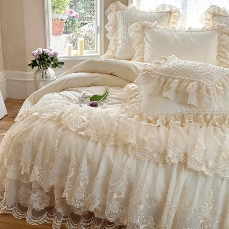 French Style Premium Feel Cotton Long-staple Cotton Four Piece Bed Cover Set Princess Style Lace Lace Duvet Cover Bedding