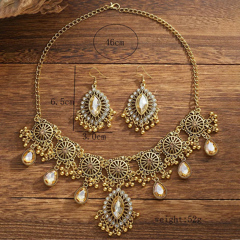 Retro Jewelry Set For Women Hollow Metal Frame Choker Necklace Earrings Sets Jewelry Water Drop Resin Stone Decoration Jewelry view 5