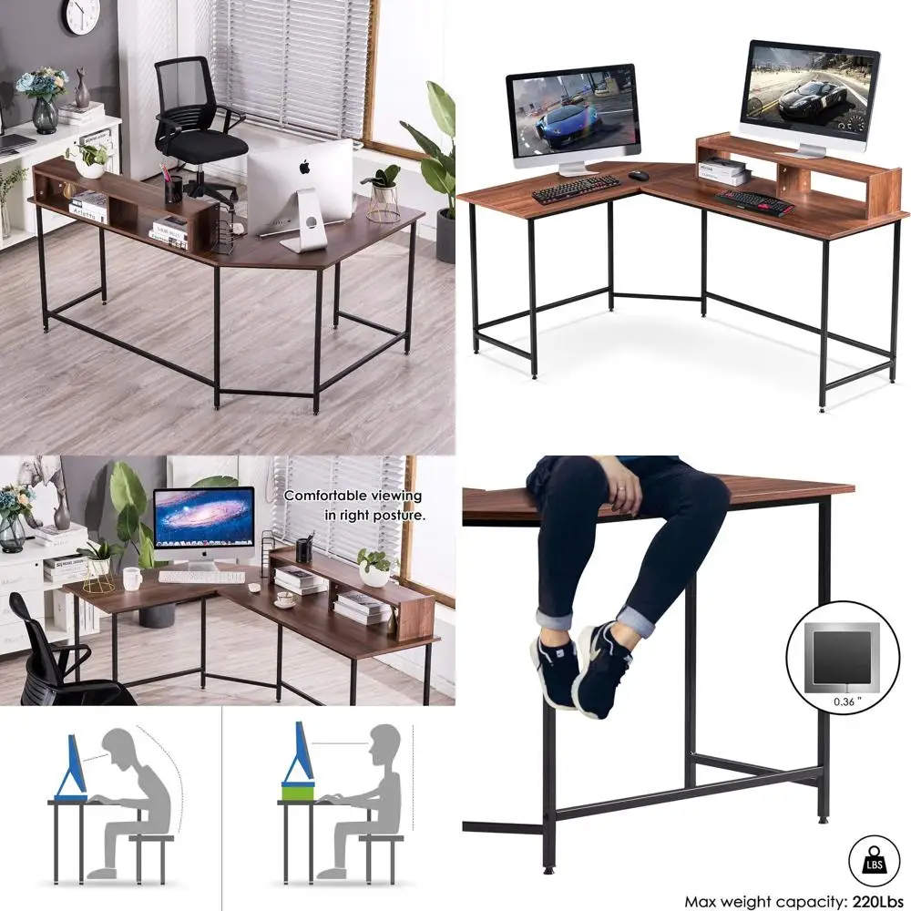 Modern L-Shaped Desk for Gaming and Home Office, Compact Brown Study Table with Monitor Stand for Small Spaces