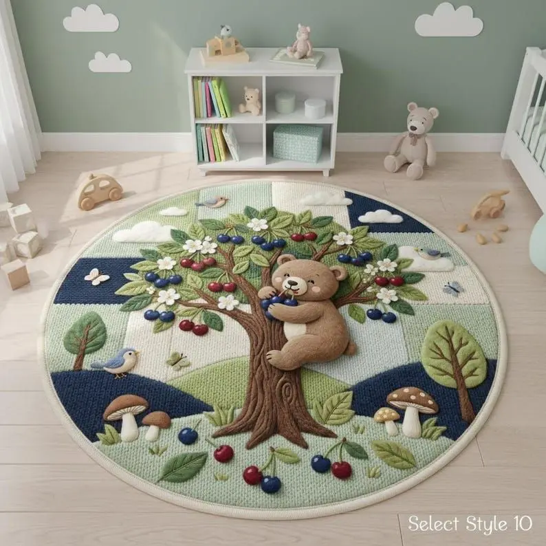Green Plant 2D Printed Carpet Little Bear Mushroom River Round Door Mat Living Room Bedroom Home Decor Carpet
