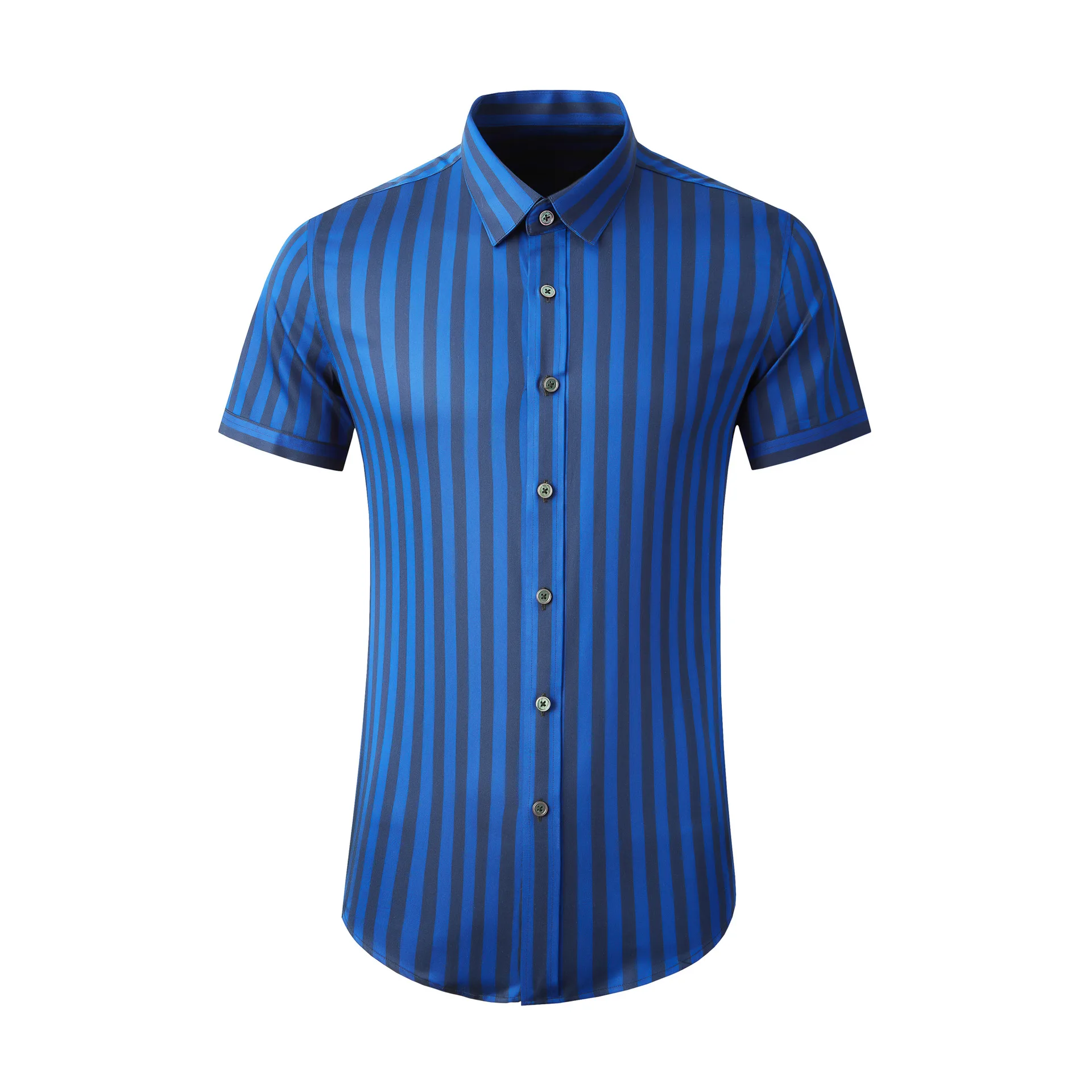 

Summer Short sleeved Striped Men's Shirt Slim Fit Fashion Tencel Cotton Micro Elastic Top