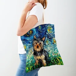 Sac à main fourre-tout Van Gogh Starry Sky Dog pour femme, sac shopper animal, peinture à l'huile des deux côtés, toile décontractée, sacs à provisions grillagés, mode