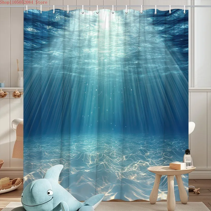 1pc ocean shower curtain underwater natural scenery -   With Hooks Waterproof Mildew Proof Easy Install Washable