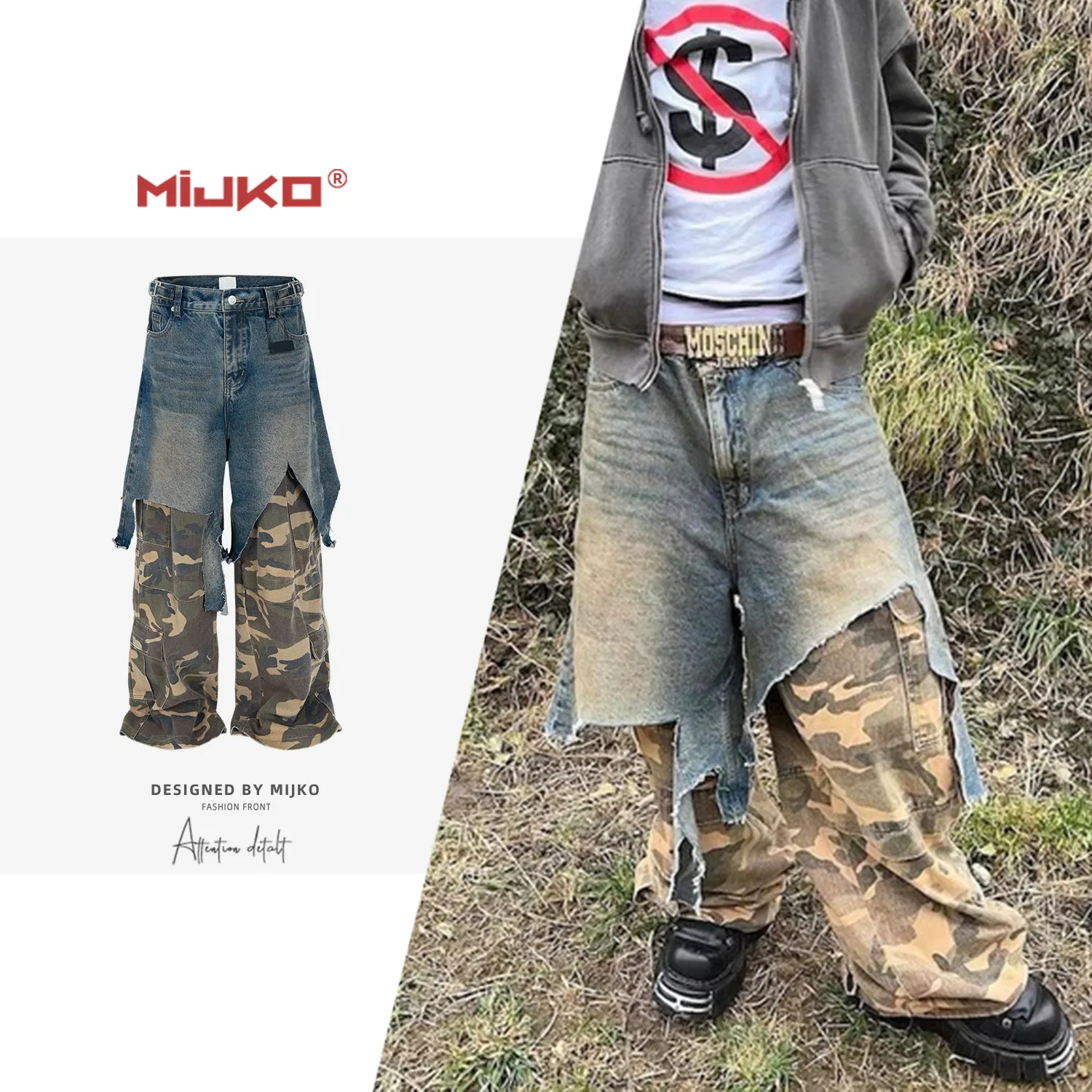 RO Style American High Street Patchwork False Two Tone Camouflage Workwear Pants Men's Straight Leg Multi Pocket Denim Trendy