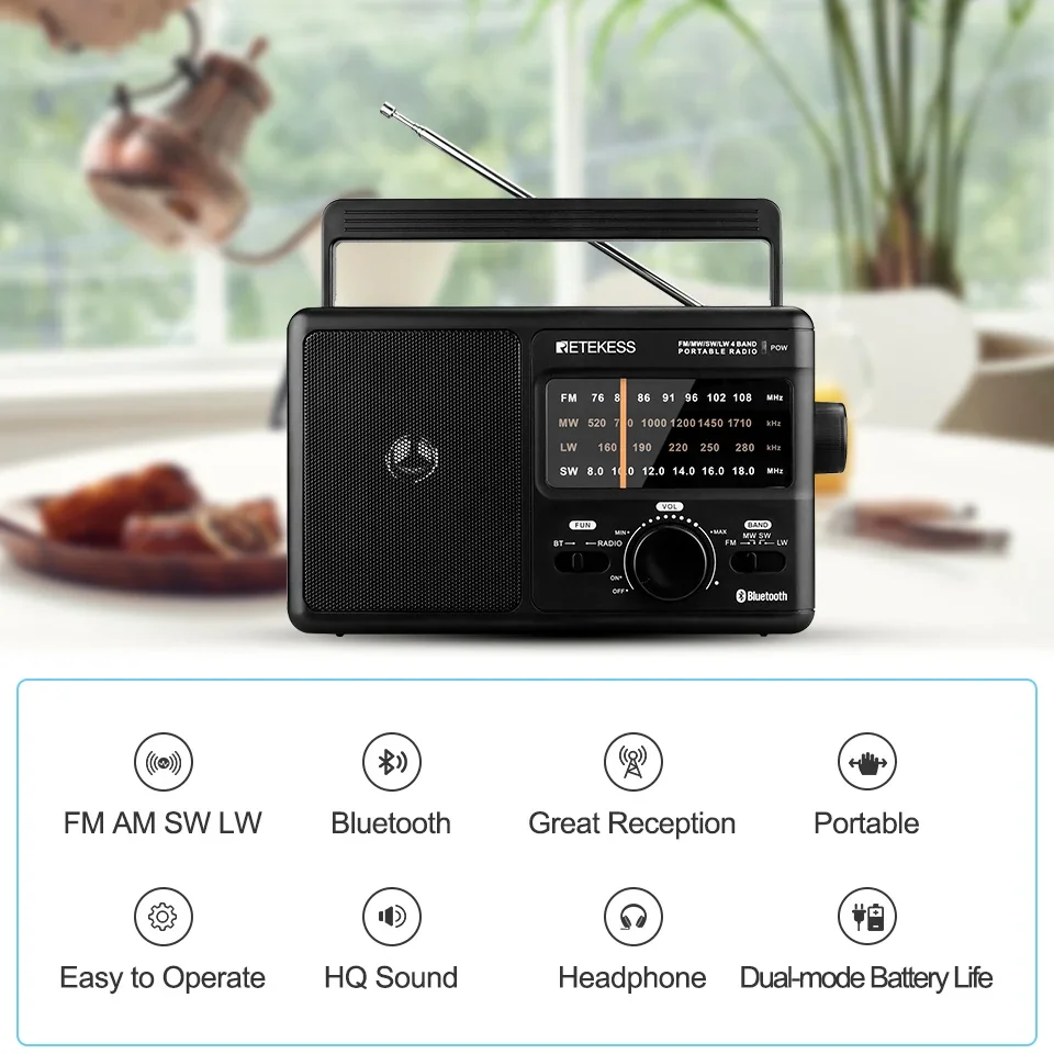 AM FM SW LW Portable Radio Bluetooth DSP Plug in Radios Powered By AC or 4xD Battery Large Knob 3.5mm Headphone for Elder Home