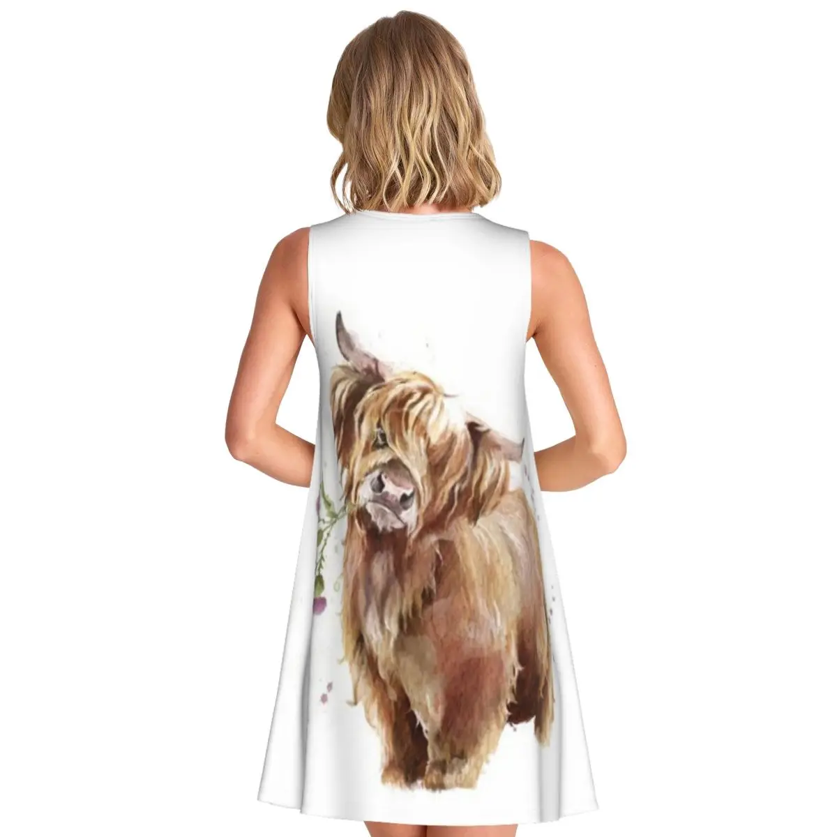 Highland Cow Women's Sleeveless Host Outfit Printed Dress Bohemian Plaid Dress